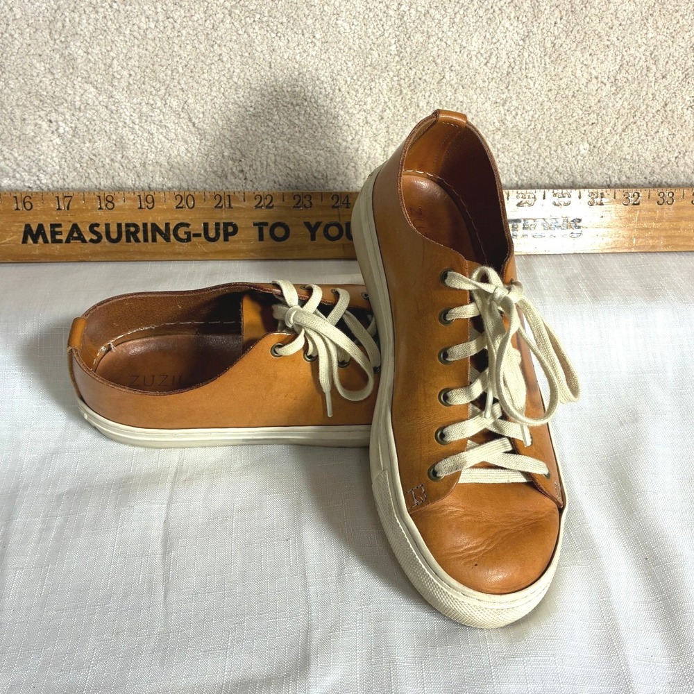Zuzii Tan Leather Low Top Sneakers Lace Up Shoes Made in LA Brown Womens 9